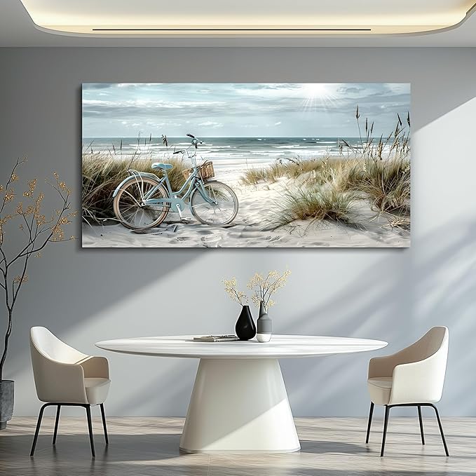 FUHAIHUA Wall Art For Living Room Canvas Decor For Bedroom Modern Office Decorations Blue Beach Bicycle Seascape Paintings Ocean Landscape Pictures Artwork Ready To Hang Home Decor