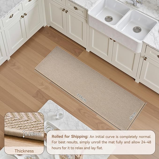 AMOAMI Kitchen Mats for Floor, Non Slip Washable Kitchen Rugs Absorbent Quick Dry and Easy to Clean, Kitchen Runner Rugs for Kitchen in Front of Sink, 17“*47”, Beige