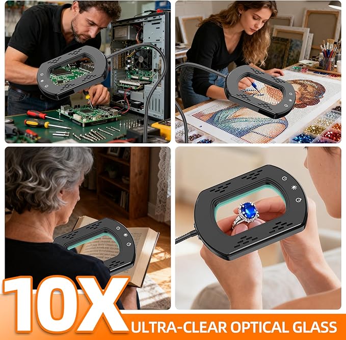 Magnifying Glass with Light and Stand with 10X Rectangle Ultra-Clear Glass Magnifying Lens, Magnifying Glass Table Lamp for Close Work, Reading, Sewing, Crafts, Flexible 3in1 Floor Lamp