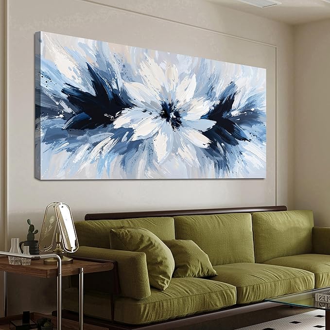 Canvas Oversized Wall Art Decor Large Wall Art For Living Room White Flower Wall Art Prints Modern Blue Wall Art Pictures 29"X58" Abstract Canvas Art Wall Decor Artwork for Walls Bedroom Office Decor