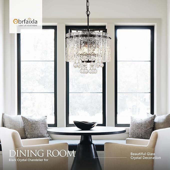 13.4" Small 4-Light Modern Glass Chandelier Light Fixtures Mini Black 2-Tier Crystal Chandeliers for Dining Room Round Hanging Ceiling Pendant Lighting for Kitchen Island Entryway Hallway