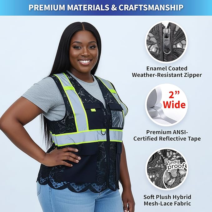 Lace-Mesh Safety Vest for Women & Men - Breathable, High Visibility Vest with Zipper & ANSI Class 2 Reflective Strips