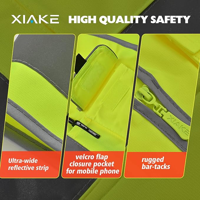 XIAKE Reflective Safety Vest for Men & Women High Visibility Class 2 Vest with Pockets Meets ANSI Standards