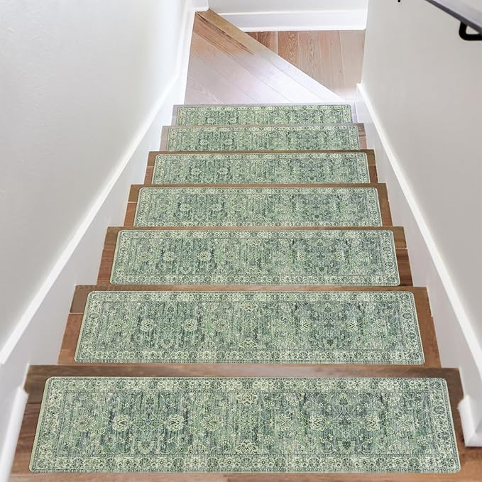 OJIA Extra Non-Slip Stair Treads for Wooden Steps, 30"X8" Indoor Stair Runners Slip Resistant Stair Rugs Safety Mats for Dogs, Kids & Elders, Rubber Backed Stair Treads Stair Covers, 15PC, Green