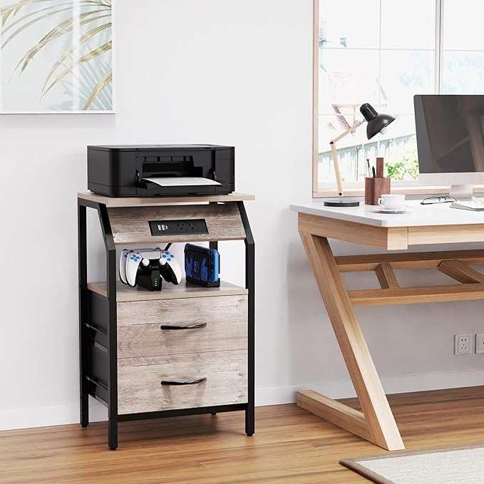 Storage End Table, Charging Nightstand with 2 Drawers, Small Fabric Dresser for Bedside, Wood and Metal Side Table for Living Room, Dorm, Grey Oak