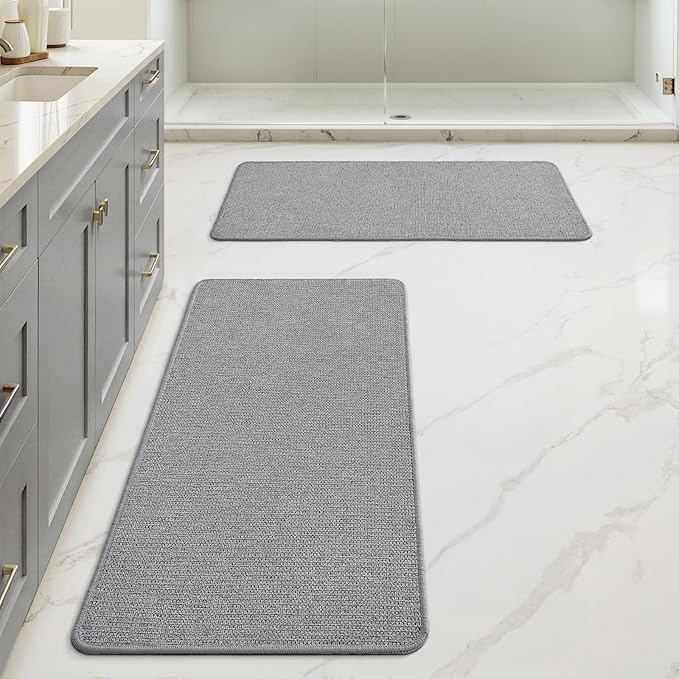 MIULEE Set of 2 Ultra Thin Bathroom Rugs, Rubber Bath Mats for Bathroom Non Slip, Quick Dry Absorbent Bath Rug Machine Washable, Fit Under Door, Shower, Sink, Home Decor, Grey, 17x35 Inch