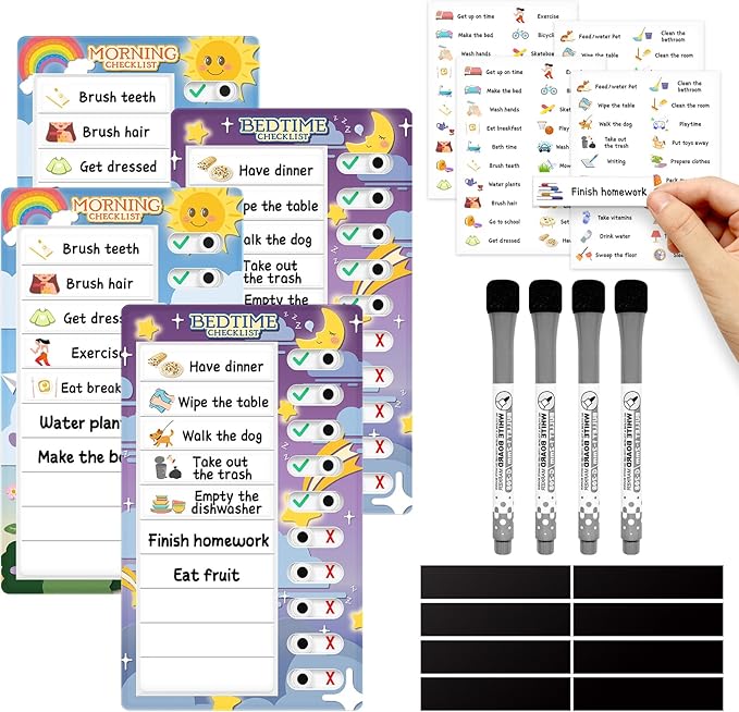 Chore Chart for Kids: Dry Erase to Do List, Morning/Bedtime Routine Chart, Magnetic Checklist, Toddler Visual Schedule, Daily Behavior Chart for Fridge (4 Pack)