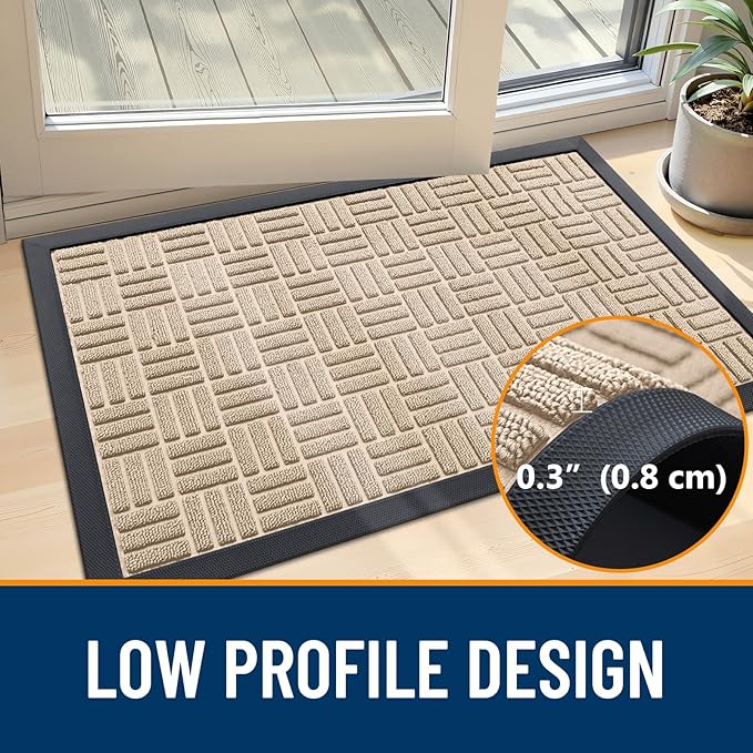 OLANLY Front Door Mat Outside Entrance 35x23, Absorbent, Heavy Duty Sturdy Natural Rubber Doormat Indoor Outdoor, Non-Slip, Stain and Fade Resistant, Low Profile Floor Mat for Entryway, Latte White