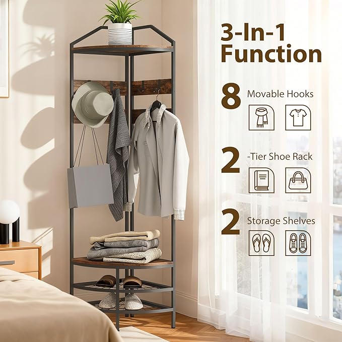 HOMCOM Corner Hall Tree, Industrial 4-Tier Coat Rack with Shoe Storage, 8 Movable Hooks and 2 Storage Shelves, Freestanding Entryway Coat Rack with Steel Frame for Hallway, Rustic Brown