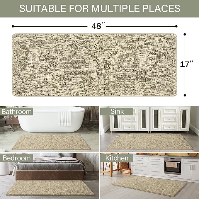 LOCHAS Luxury Bathroom Rug Shaggy Bath Mat 48 x 17 Inch, Washable Non Slip Bath Rugs for Bathroom Shower, Soft Plush Chenille Absorbent Carpets Mats, Beige