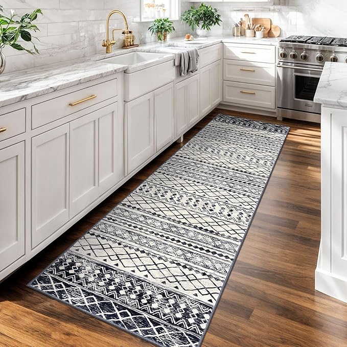 KUTA Moroccan Washable Kitchen Rug, 2x7 Non-Slip Vintage Black Navy Blue Boho Hallway Runner Rugs Ultra Soft Distressed Geometric Floor Carpet Runners for Bedroom Laundry Living Room