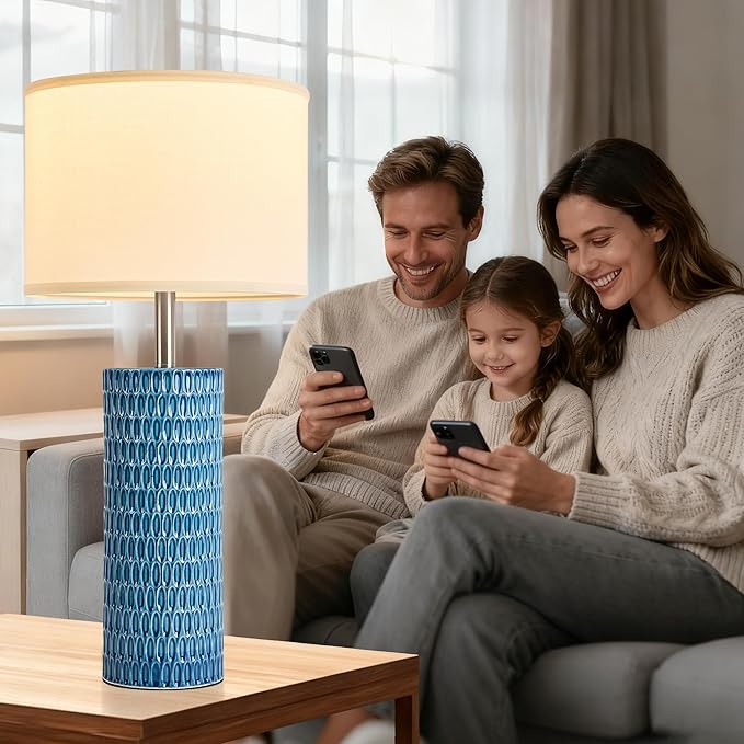 26.5" Ceramic Table Lamp, Table Lamp for Living Room, Blue Lamp for Bedroom, Night Stand Lamps, Modern Bedside Lamp Set of 2, End Table Lamps,Blue