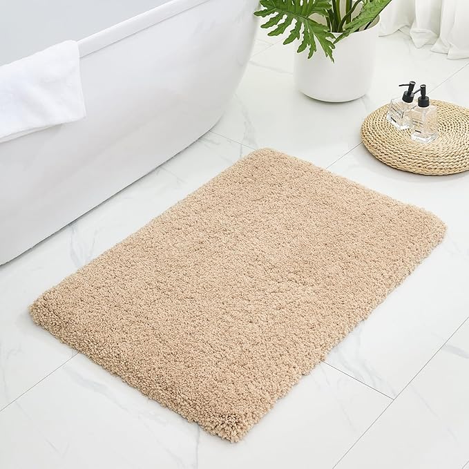 Bathroom Rugs 32x20, Ultra Thick Shaggy Soft Microfiber Absorbent Bath Rug, High Density Foam Latex Non Slip Backing, Machine Washable Bath Mats for Bathroom Floor & Sink, Beige