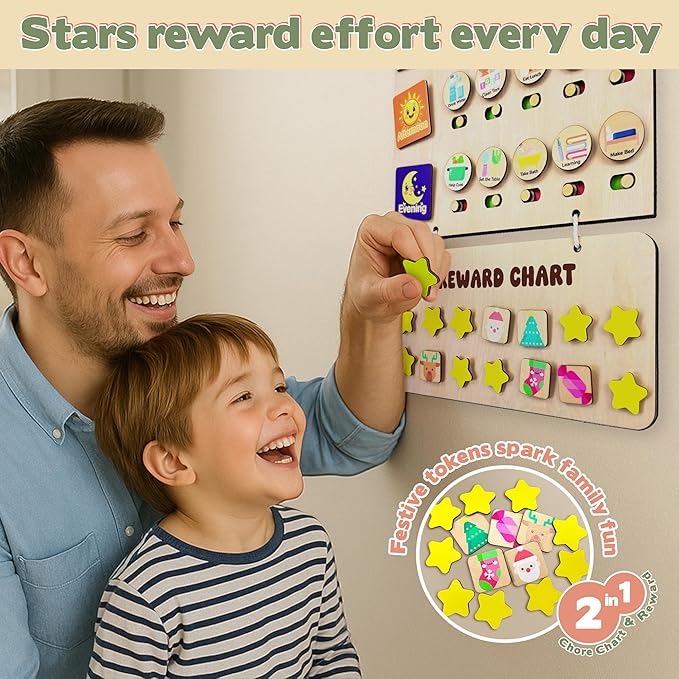 2-in-1 Chore Chart for Kids Toddler & Teens, Montessori Wooden Routine Responsibility Board, Visual Schedule, Reward System for ADHD Autism, Daily Morning & Bedtime Checklist, 11.3''x17.7''
