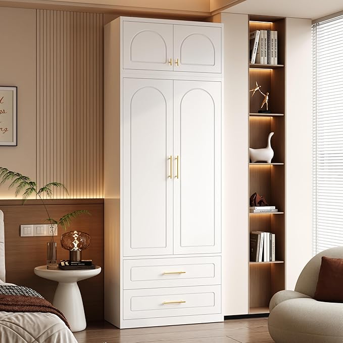 Metal Armoire Wardrobe Cabinet, 86" Tall Wardrobe Closet with Doors, White Clothing Storage Cabinet with Hanging Rod, Large Armoire for Bedroom, Office, School, Gym