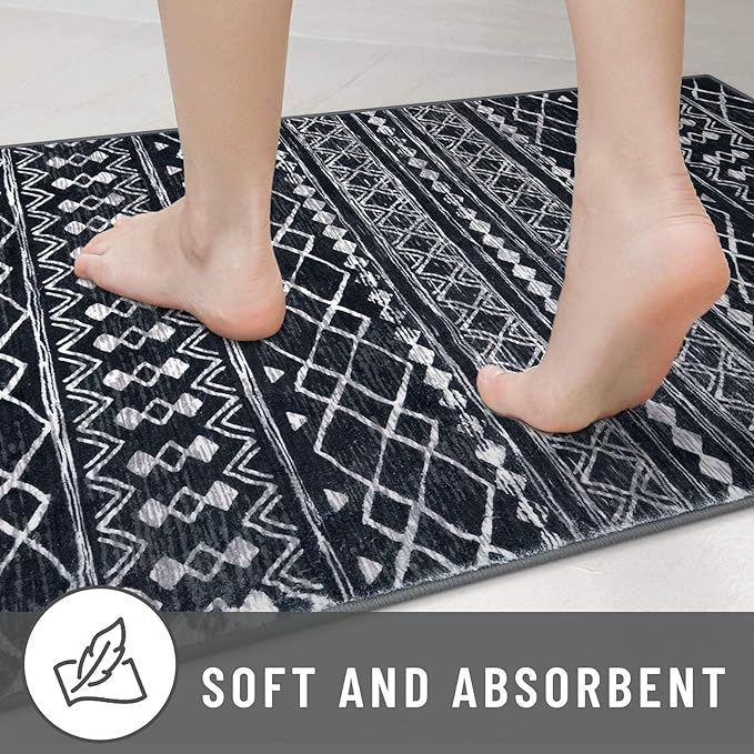 KUTA Moroccan Boho Entryway Rug, 2x3 Black Entrance Small Area Rug Non-Slip Washable, Ultra Soft Vintage Geometric Low-Pile Indoor Door Mat Floor Carpet for Kitchen