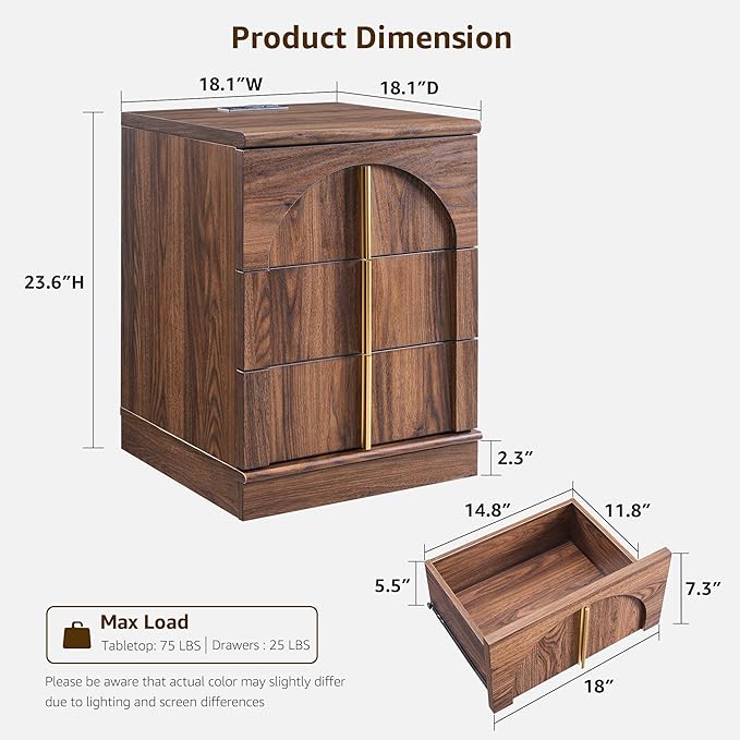 ACCOHOHO Modern Night Stand with Arched Panel, 18" Nightstand with Charging Station, Side Table with 3 Storage Drawers, Wood Square Bedside End Table for Bedroom Living Room, Brown