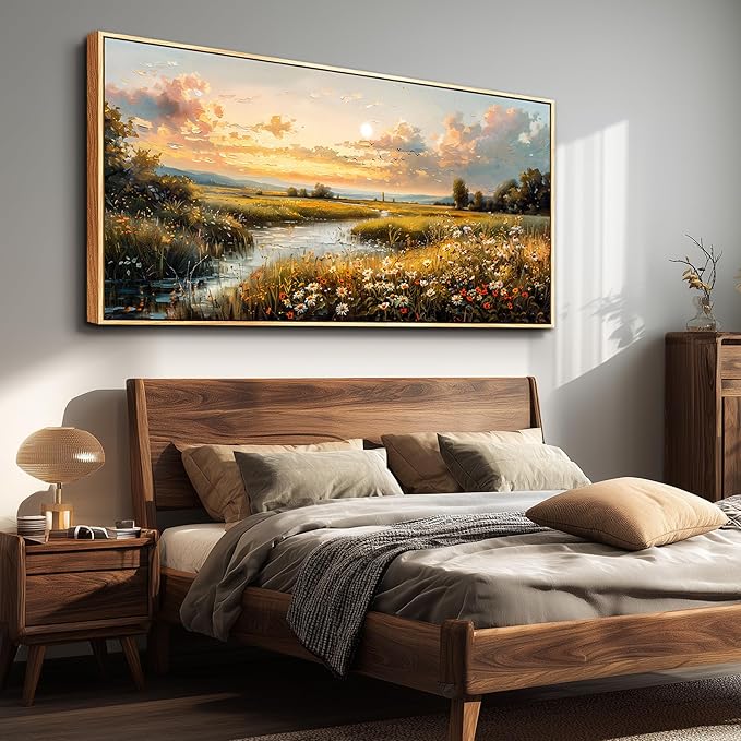 FUHAIHUA Wood Framed Canvas Wall Art For Living Room Large Wall Decor For Office Bedroom Decorations Sunset Landscape Pictures Farmhouse Painting Artwork Room Wall Mural Aesthetic Home Decor 30x60 In