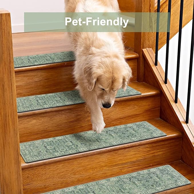 OJIA Extra Non-Slip Stair Treads for Wooden Steps, 30"X8" Indoor Stair Runners Slip Resistant Stair Rugs Safety Mats for Dogs, Kids & Elders, Rubber Backed Stair Treads Stair Covers, 15PC, Green
