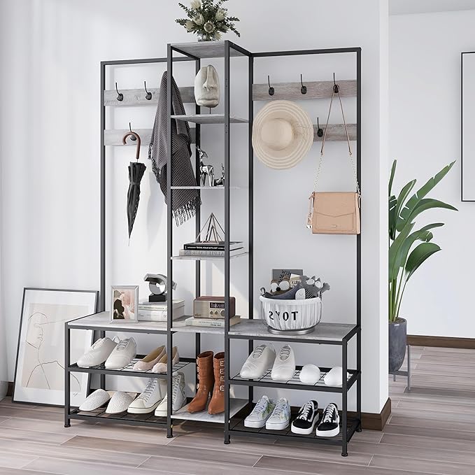 GiftGo Corner Hall Tree with Shoe Rack Storage Bench Display Open Shelves Modern Industrial Entryway Coat Rack Stand for Home Living Room Mudroom Bedroom Multifuncitonal 5 in 1 (Greige)