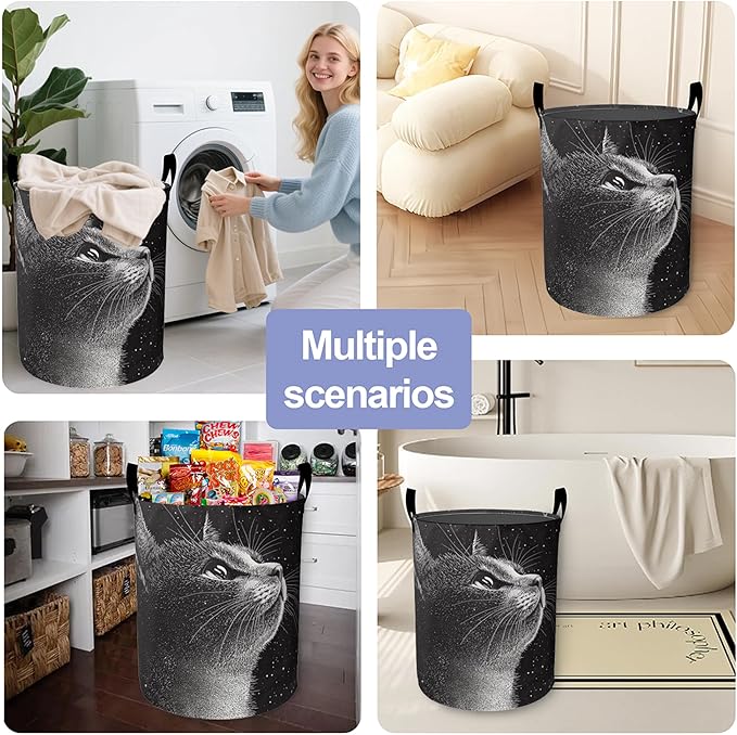 Cute Black Cat Laundry Hamper Large Canvas Fabric Lightweight Storage Basket/Dirty Clothes Collapsible Waterproof for College Dorms, Boys and Girls Bedroom,Bathroom
