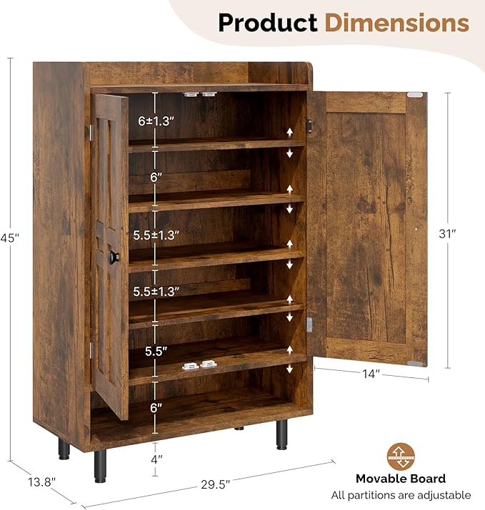 Entrance Shoe Cabinet with Doors,6-Tier Farmhouse Shoe Storage Organizer with Adjustable Shelves Holds 18-24 Pairs and Metal Legs, Entry Organizer Entryway, Living Room (Rustic Brwon)