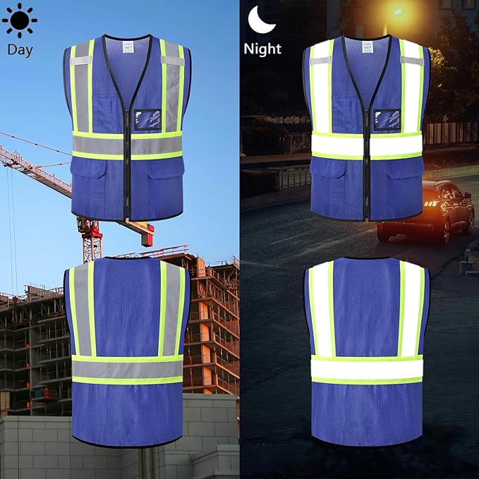 Reflective Safety Vest for Men Women Hi Vis Vest with Pockets High Visibility Vest Mesh Construction Vests Meets ANSI/ISEA Standards (Blue-33, XX-Large)