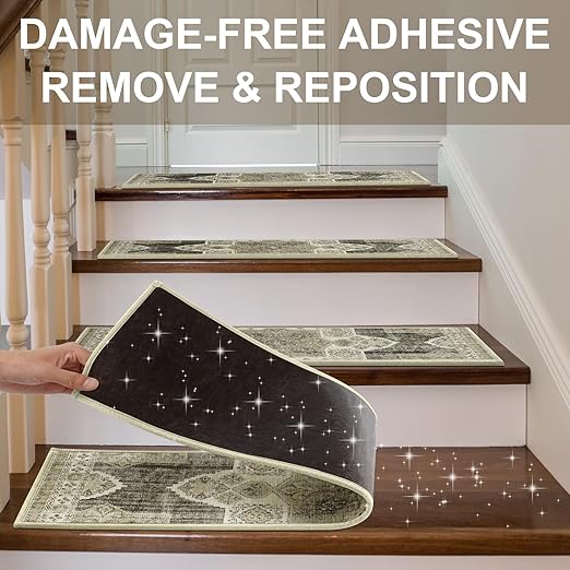 Non Slip Stair Treads for Wooden Steps Indoor, Begie, 15pcs, 30"X8", Soft Carpet Mat, Machine Washable Boho Carpet Treads with Reusable Adhesive Backing, Safety Stair Tread for Dog, Kid, Elder