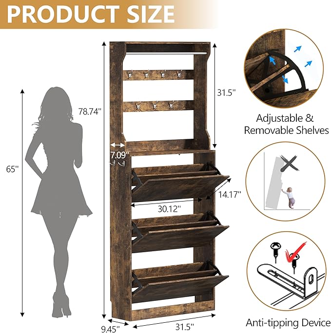 Tall Shoe Cabinet with Coat Rack, Hidden Shoe Storage Cabinet with Doors & Drawer, Hanging Bar & Hooks, Slim Narrow Freestanding Shoe Rack Organizer for Entryway, Hallway & Living Room, Brown