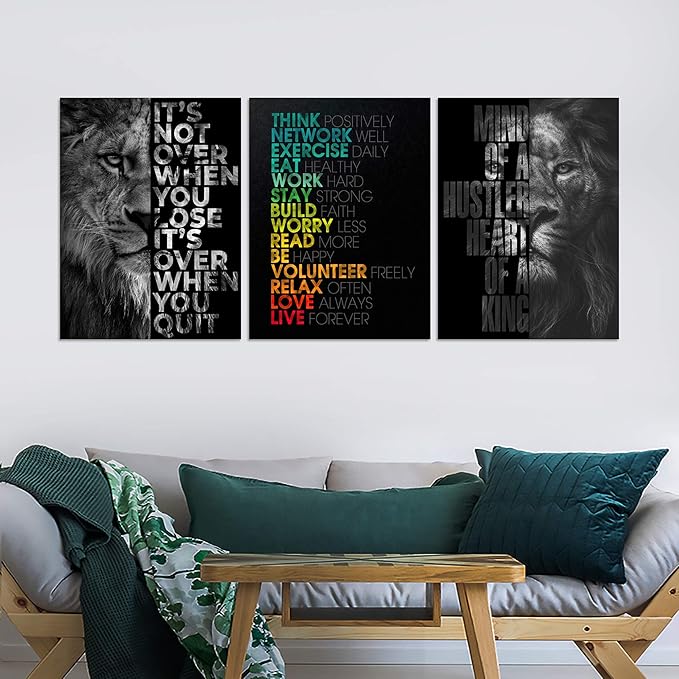 Unbruvo Motivational Office Wall Art Inspirational Canvas Wall Art Lion Picture Print Entrepreneur Quote Wall Painting 3 Pieces Artwork for Living Room Bedroom Classroom Home Decor(48" Wx24 H)