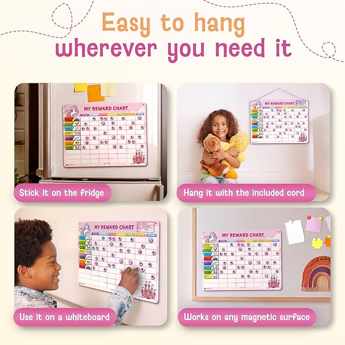 Magnetic Reward Chart for Kids with 280 Magnets - Behavior Chart for Kids at Home - Responsibility Reward Chart - Chore Chart - Visual Schedule - Ideal for Ages 3-9, Autism, ADHD - Pink