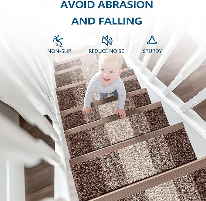 OLANLY Stair Treads Non Slip 4PCS, 8" x 30" Indoor Stair Runners for Wooden Steps, Edging Stair Rugs with Reusable Peel and Stick Adhesive for Kids Elders and Pets, Brown
