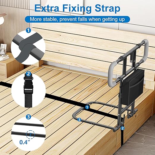 Seeutek Bed Rails for Elderly Adults Safety, Foldable Bed Assist Rails for Seniors, Adjustable Bed Side Rails with Safety Strap & Storage Pocket & LED Light, Fit Queen Twin King Beds