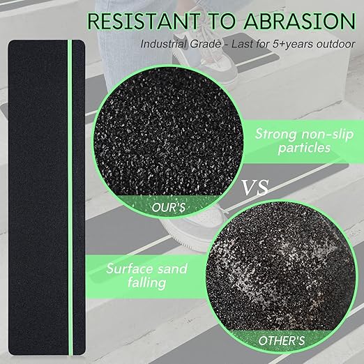 S&X Outdoor Stair Treads Non-Slip 5-Pack, 6" x 24" with Glow-in-The-Dark Stripe Heavy Duty Anti Slip Tape for All Slippery Surfaces - Weather Resistant Grip Tape for Stairs, Steps