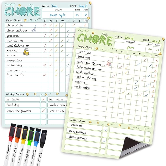 Magnetic Dry Erase Chore Chart - 8.5"x12" Behavior Responsibility Chore Board for Kids, Teenagers - 6 Extra Fine Point Markers Included - Shipped Flat 2 Pcs Blue & Green