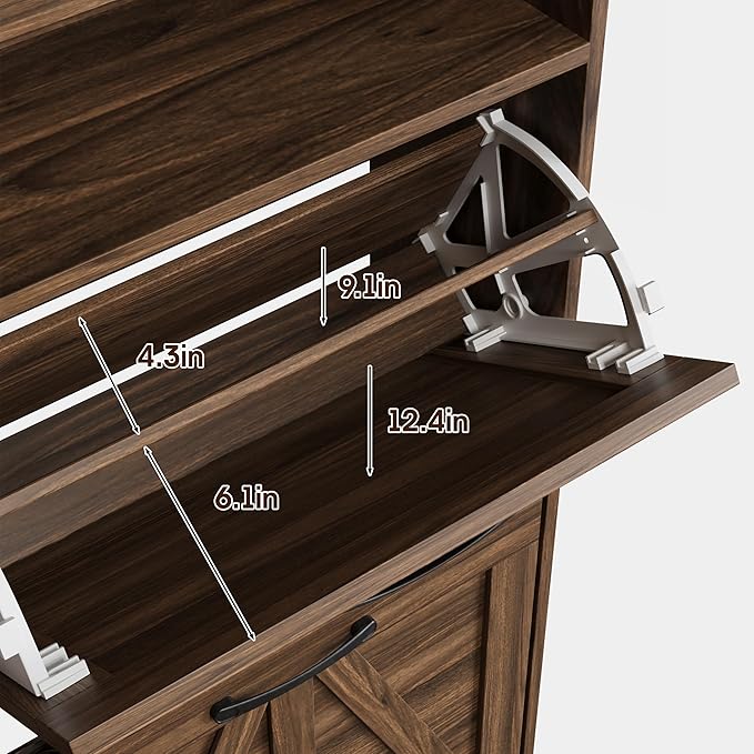 Shoe Cabinet with 4 Flip Drawers,Farmhouse Shoe Storage Cabinet for Entryway,Narrow Freestanding Organizer Rack with Open Shelves for Foyer,Hallway,Dark Walnut