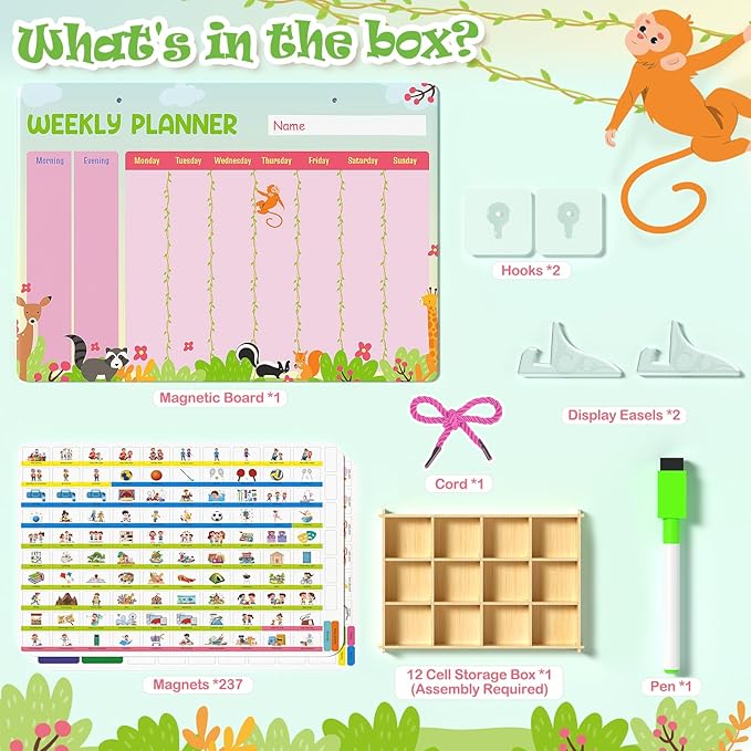Euclidean Cube Weekly Planner for Kids - Magnetic Behavior Board Calendar with 237 Magnets, Storage Box, Easels, Hooks, Cord & Pen - Daily Routine and Chore Chart - Visual Schedule for Kids 3+ (Animal Theme)