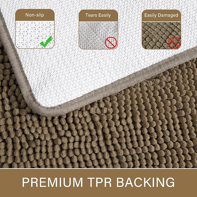 LOCHAS Luxury Bathroom Rug Shaggy Bath Mat 24 x 70 Inch, Washable Non Slip Bath Rugs for Bathroom Shower, Soft Plush Chenille Absorbent Carpets Mats, Tan