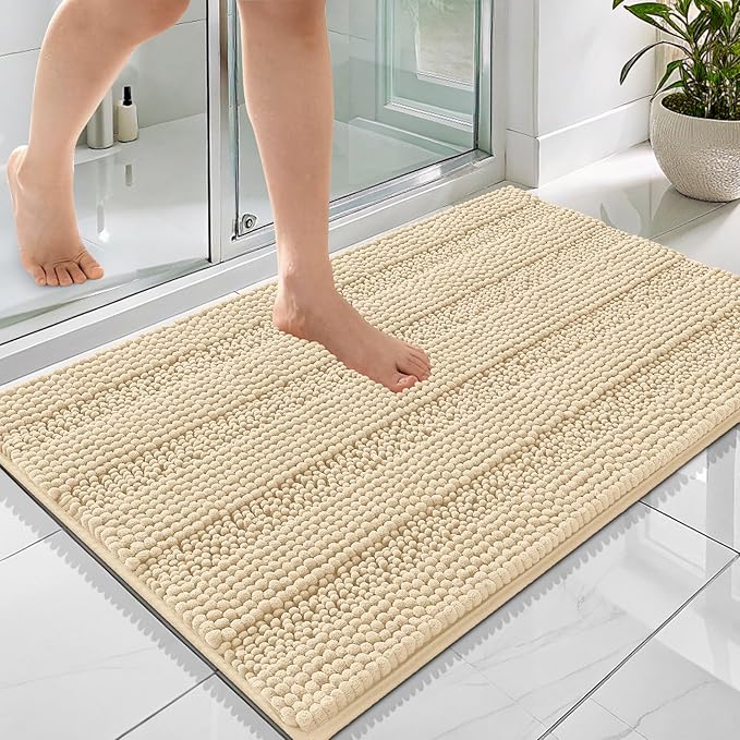 OLANLY Thick Bathroom Rugs 36x24, Extra Soft Absorbent Chenille Striped Bath Rugs, Rubber Backing, Machine Wash Dry, Bath Mats for Bathroom Floor, Tub and Shower, Home Decor Accessories, Beige