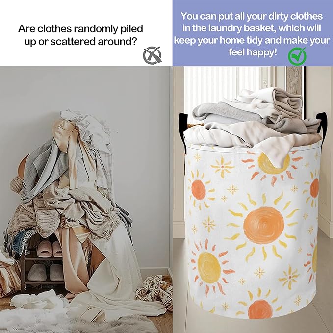 Boho Sun Laundry Hamper Large Canvas Fabric Lightweight Storage Basket/Dirty Clothes Collapsible Waterproof for College Dorms, Boys and Girls Bedroom,Bathroom