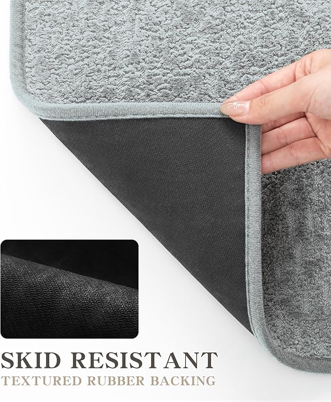 chakme 2 Piece Bathroom Rug Set, Ultra Thin Bath Mat, Quick Dry, Absorbent, Non Slip, Machine Washable, Light Grey, 17" x 24"