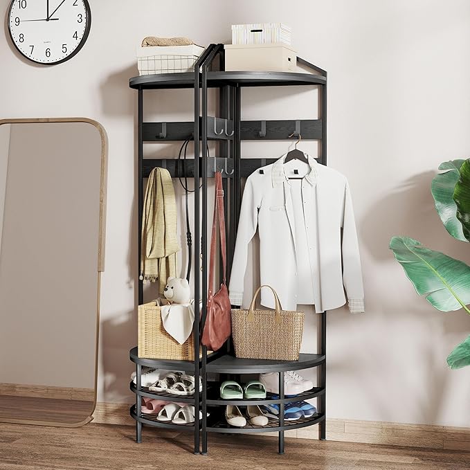 HOMCOM Corner Hall Tree, Industrial 4-Tier Coat Rack with Shoe Storage, 8 Movable Hooks and 2 Storage Shelves, Freestanding Entryway Coat Rack with Steel Frame for Hallway, Black