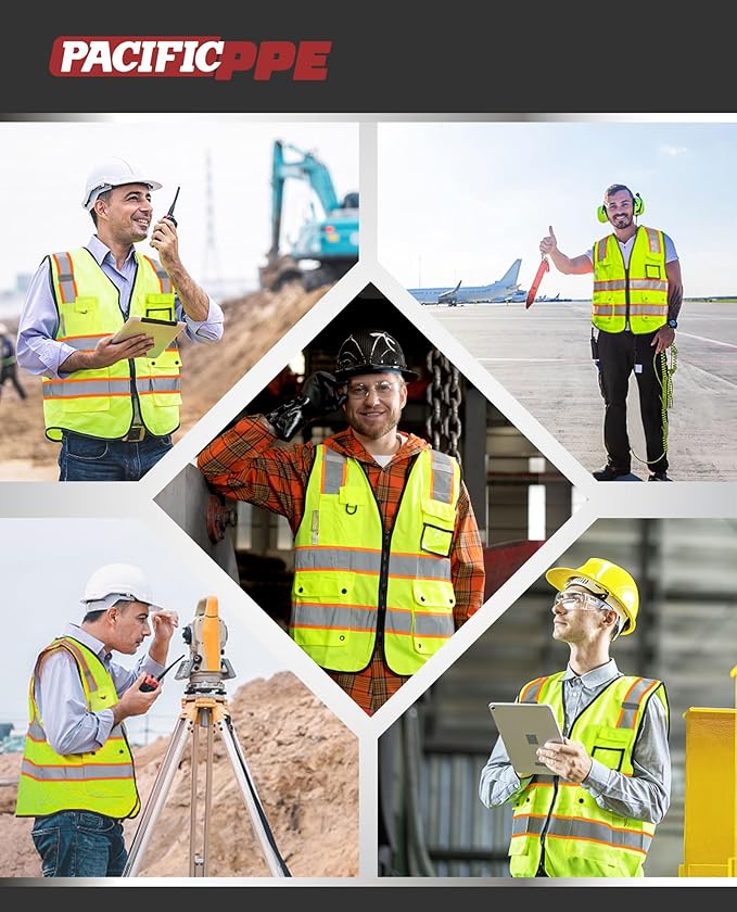 PACIFIC 10 Pockets Class 2 Safety Vest for Men, 3M High Visibility Reflective Strips, Meets ANSI/ISEA Standard, Yellow, Medium