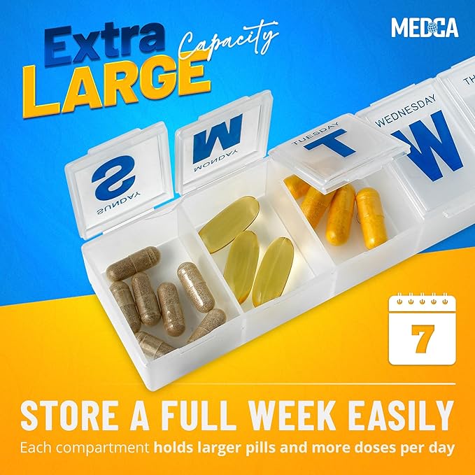 Weekly Pill Organizer - 7-Day Pill Planner Extra Large Pill Planner and Daily Pill Organizer and Medicine Reminder, Monday to Sunday Compartments - BPA Free - Travel Pill Box Case (Pack of 4)