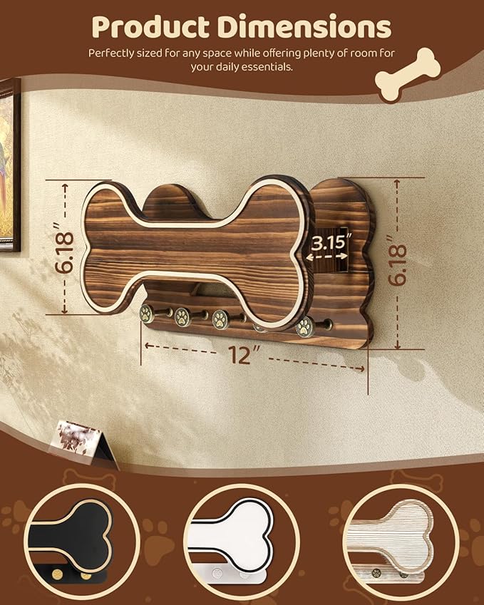 MTERSN Farmhouse Dog Leash Holder for Wall - Dog Stuff Organizer and Doggie Bone Key Holder Wall Mount with 5 Decorative 3D Puppy Paw Hooks & Storage Shelf - Ideal Home Decor (Brown)