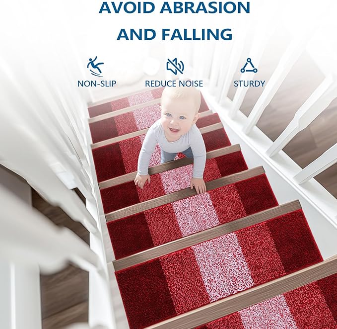 OLANLY Stair Treads Non Slip 15PCS, 8" x 30" Indoor Stair Runners for Wooden Steps, Edging Stair Rugs with Reusable Peel and Stick Adhesive for Kids Elders and Pets, Burgundy