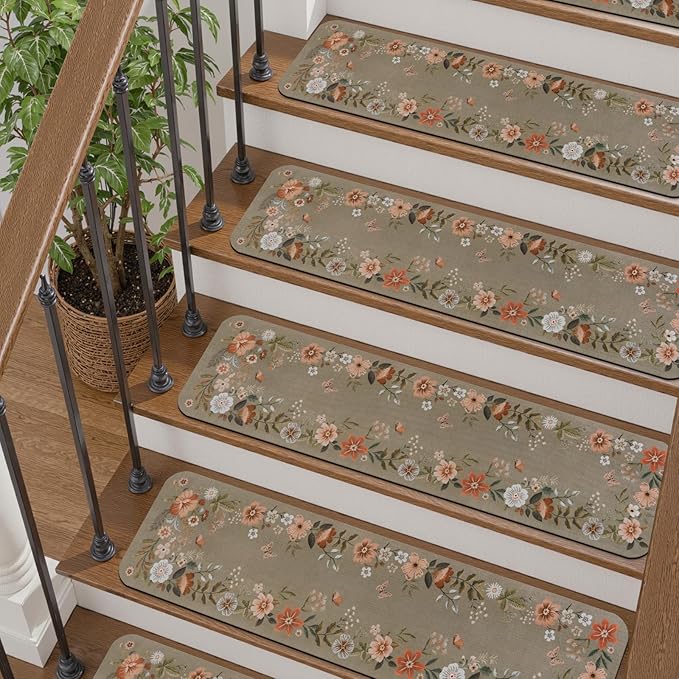 OJIA Floral Stair Treads Non-Slip Stair Runners for Wooden Steps Indoor 15PCS 30"x8" Carpet Stair Treads Mats Staircase Step Treads for Kids, Elders and Dogs, Stair Covers, Brown