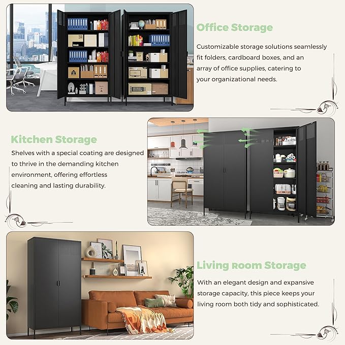 COFaR 5 Tier Black Metal Storage Cabinet, Free Standing with 2 Doors, 4 Adjustable Shelves and Legs, Cupboard Metal Cabinet for Living Room, Kitchen, Dining Room, Office