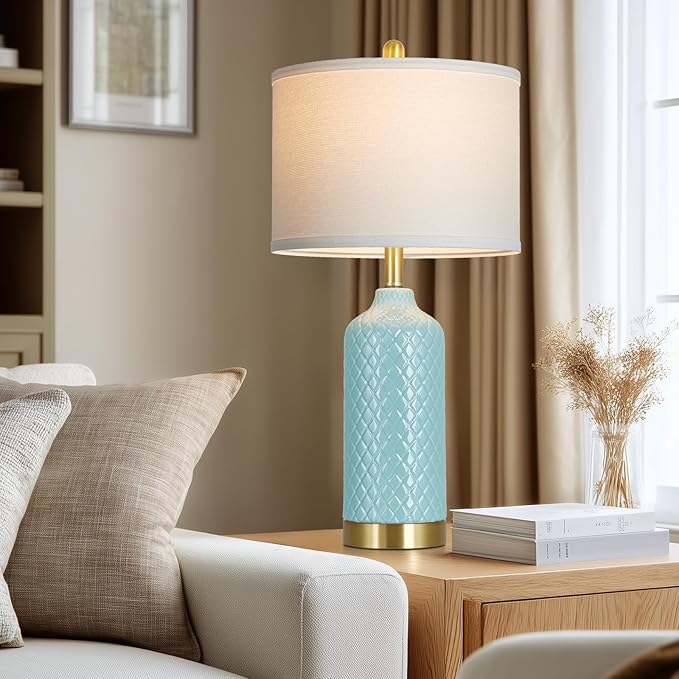 26“ Aqua Blue Ceramic Lamp Single, Coastal Table Lamps for Living Room End Table, Modern Bedside Lamp for Nightstand, Elegant Farmhouse Bedroom Lamps for Desk Side Home Decor(Bulb Included)