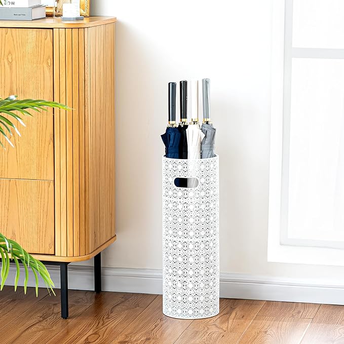 Concepts 21 inch Heavy Duty Metal Umbrella Stand - Durable Storage Holder for Umbrellas - Indoor and Outdoor Use - Stylish and Modern Organizer for Entryways. (White Lace)
